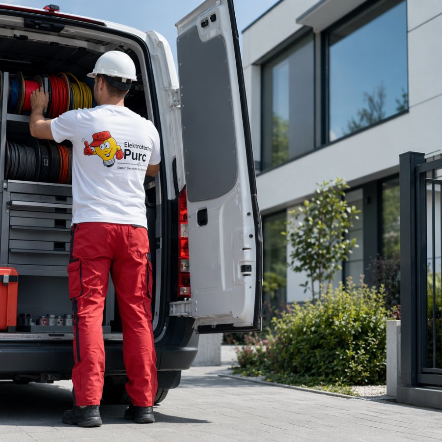 Voll ausgestatteter Servicetransporter vor modernem Gebäude